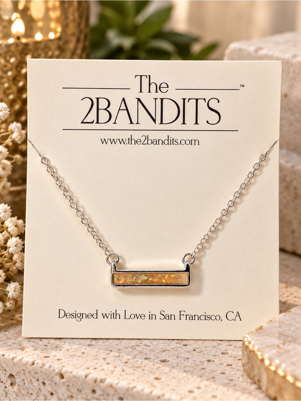 The 2Bandits Silver Opal Bar Pendant Necklace Boho Minimalist Jewelry